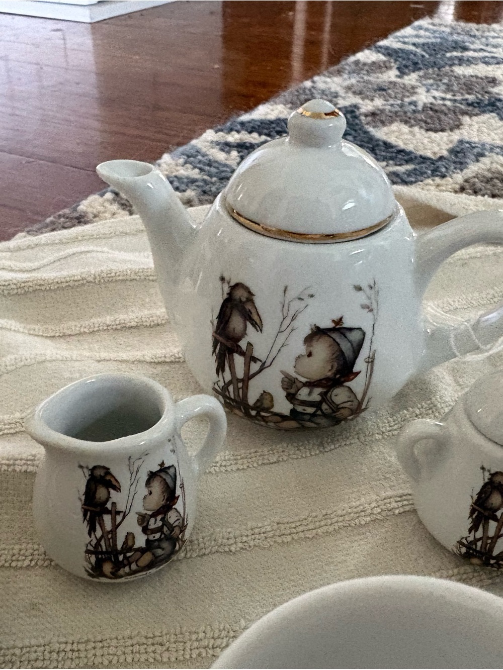 Hummel White Ceramic Teapot and Creamer with Gold Trim